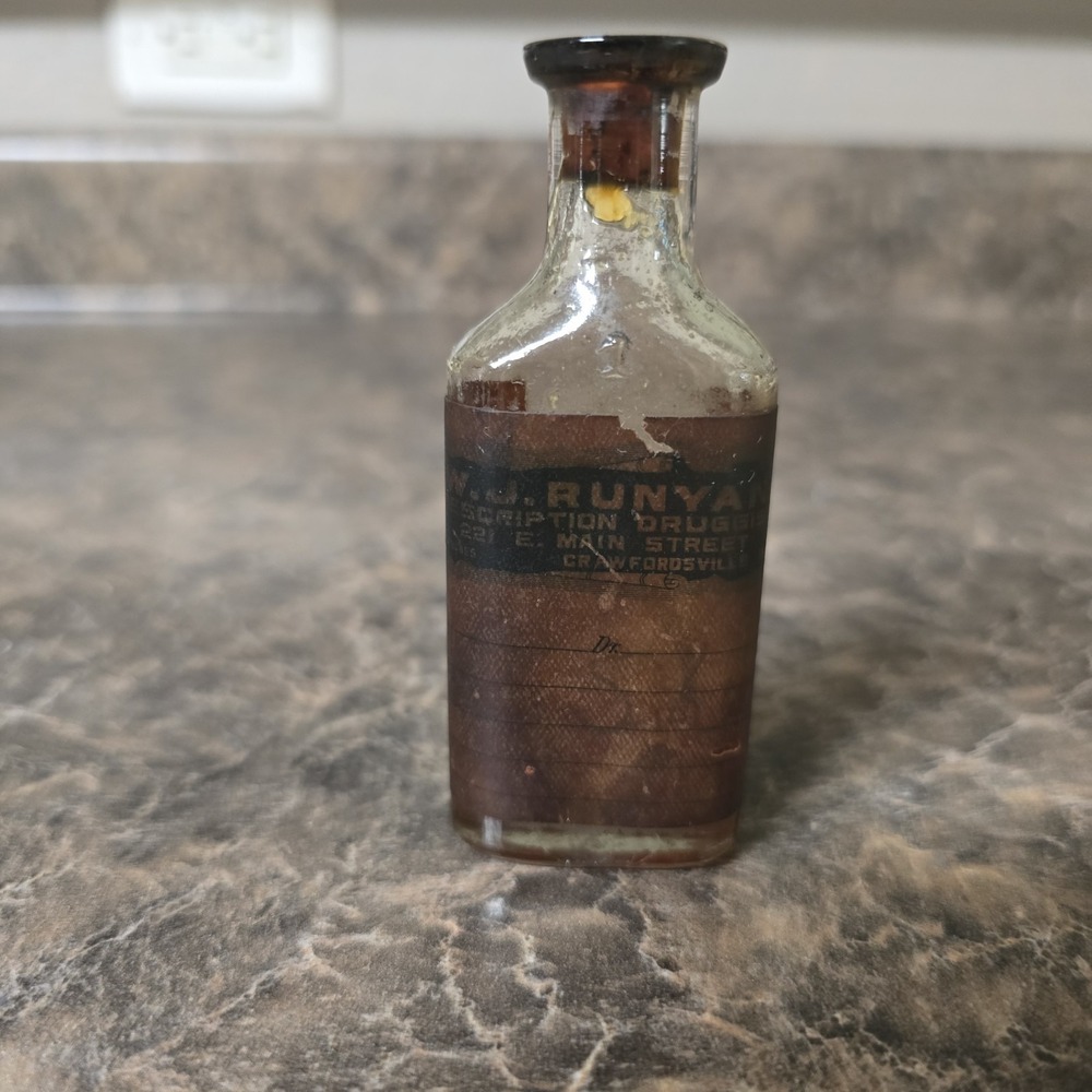 Antique W.J. Runyan Pharmacy Bottle Crawfordsville Indiana Medicine w/ Contents